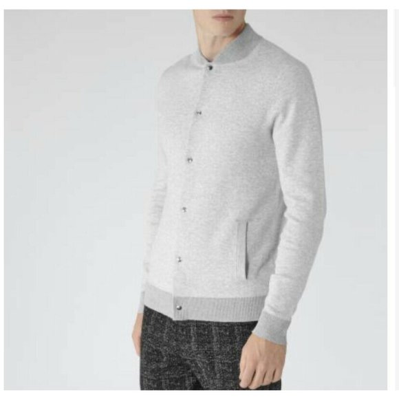 REISS Grey Fraiser Knitted Cotton Bomber Jacket - Picture 4 of 10